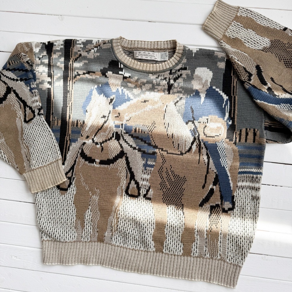 vtg Crossings jockey equestrian horse rider‎ woven cotton sweater - Picture 2 of 4